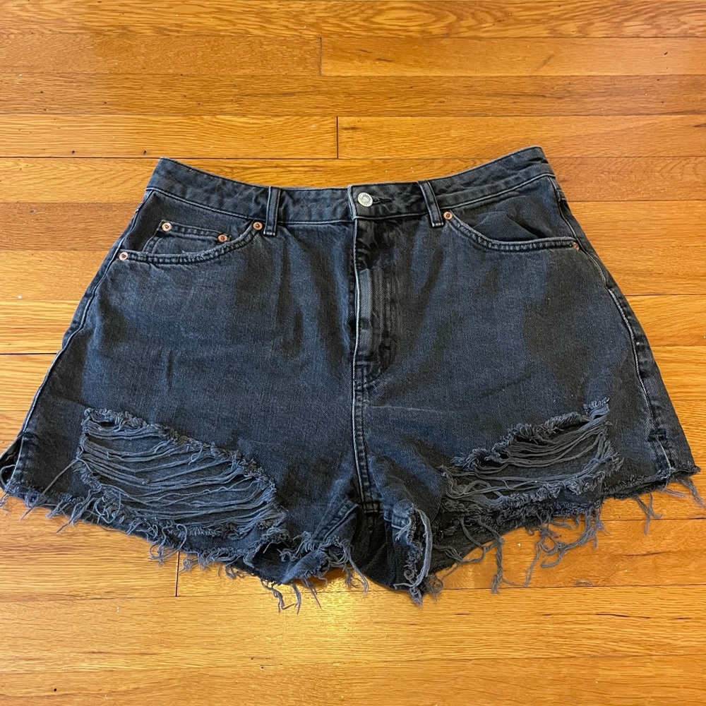 Topshop A-Line High Waist Distressed Black Denim Shorts, Size 12